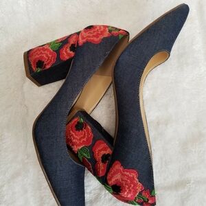 Floral Embroidered Denim Heels